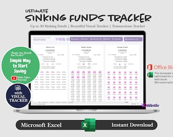 May include: A laptop screen displaying a Microsoft Excel spreadsheet with a visual tracker for sinking funds. The spreadsheet has three columns labeled "Electric Car", "Beach House", and "Europe Travel". Each column has a visual representation of the sinking fund goal, with icons of cars, houses, and crowns, respectively. The spreadsheet also includes a progress bar for each sinking fund. The text "Office 365" is displayed in a blue box in the upper right corner of the screen. The text "Ultimate Sinking Funds Tracker" is displayed in a large font at the top of the screen.