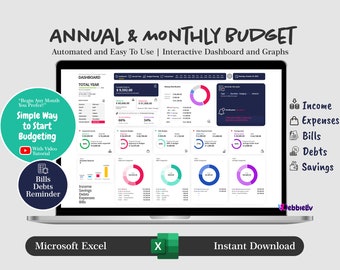 Annual and Monthly Budget, Excel Template, Income and Expense Tracker, Annual Budget Planner, Spreadsheet, Debts, Bills, Savings, Finance