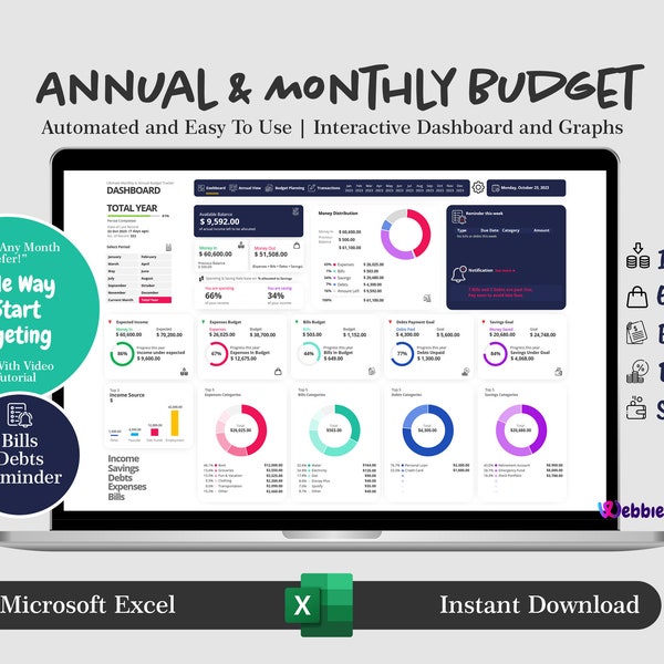 Jahres- und Monatsbudget, Excel-Vorlage, Einnahmen- und Ausgaben-Tracker, Jahresbudgetplaner, Tabellenkalkulation, Schulden, Rechnungen, Ersparnisse, Finanzen