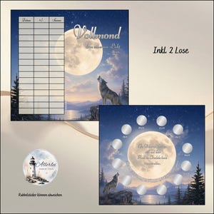 Könnte beinhalten: Ein quadratischer Kalender mit Vollmond und heulendem Wolf in einer nächtlichen Landschaft. Links befindet sich eine Tabelle mit Spalten für Datum, +/- und Summe. Rechts sind kreisförmig angeordnete Rubbelsticker über dem Mond zu sehen.