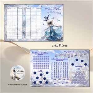 Könnte beinhalten: Ein zweiteiliges Spielblatt-Set mit Fantasy-Motiv, das eine Figur in fließendem Kleid, Vögel und Federn in Blautönen zeigt. Die Blätter enthalten eine Tracking-Tabelle, nummerierte Kreise, ein Zahlenraster und ein Pyramiden-Design.