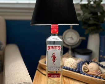 Beefeater Gin Bottle Table Lamp, light, home bar decor, Man Cave Lamp, Gin Lover, Upcycle Lamp, liquor light, alcohol gift