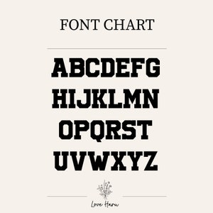May include: A font chart showing the uppercase alphabet in a bold, blocky font style. The letters are arranged in four rows, with each row containing seven letters. The font chart is on a light beige background.