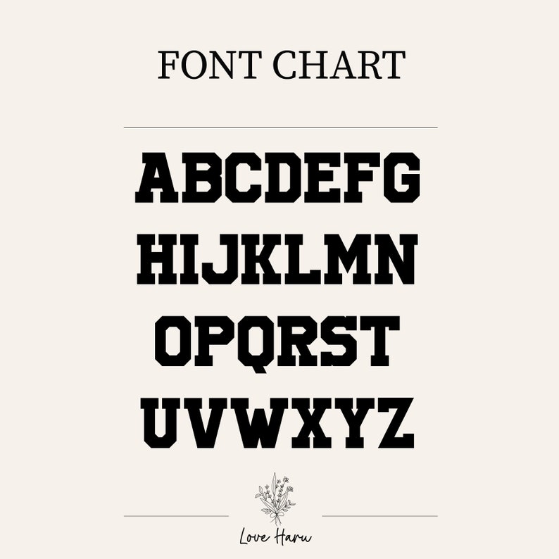 May include: A font chart showing the uppercase alphabet in a bold, blocky font style. The letters are arranged in four rows, with each row containing seven letters. The font chart is on a light beige background.