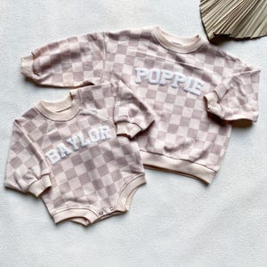 Matching Custom Puff Name Checkered Sweatshirt Bodysuit, Personalized Bubble Romper, Baby Shower Gift, Baby Birthday, Baby Christmas Gift image 4