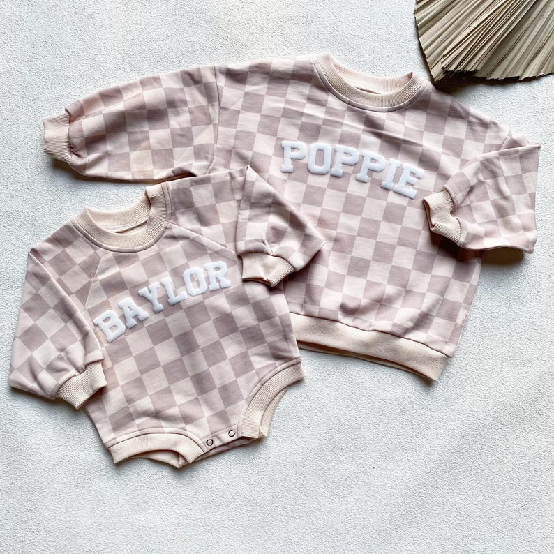 Matching Custom Puff Name Checkered Sweatshirt Bodysuit, Personalized Bubble Romper, Baby Shower Gift, Baby Birthday, Baby Christmas Gift image 4