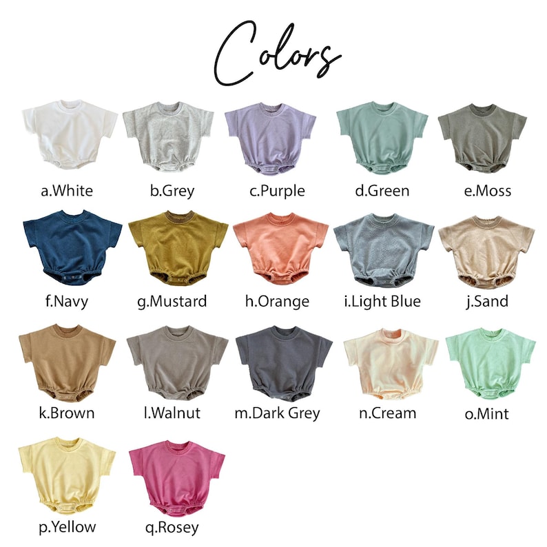 May include: A collection of baby rompers in various colors, including white, grey, purple, green, moss, navy, mustard, orange, light blue, sand, brown, walnut, dark grey, cream, mint, yellow, and rose. The word "Colors" is written at the top.