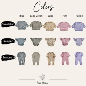 May include: A color chart showing different styles of baby clothes in various colors. The styles include a sweatshirt, romper, and jumpsuit. The colors are blue, sage green, sand, pink, and purple.
