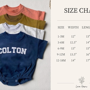 May include: A stack of baby rompers in various colors: coral, olive green, white, and navy blue. The navy blue romper features the name "COLTON" in white block letters. A size chart is also included.