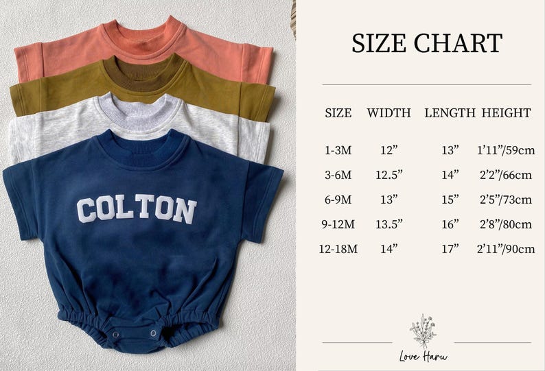 May include: A stack of baby rompers in various colors: coral, olive green, white, and navy blue. The navy blue romper features the name "COLTON" in white block letters. A size chart is also included.
