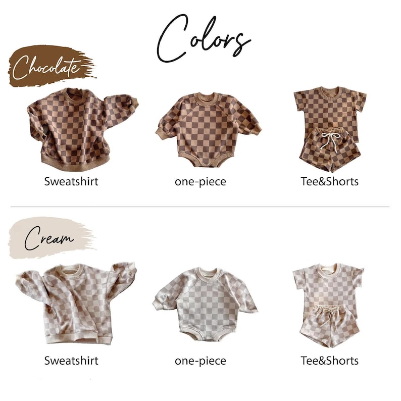May include: A display of children's clothing sets in two color schemes: chocolate and cream. Each set includes a sweatshirt, one-piece, and tee and shorts. The clothing features a checkered pattern.