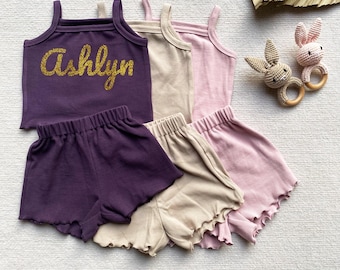 Custom Glitter Name Baby Short Sleeve Tee and Shorts Set, Personalized Bubble Romper,Baby Shower Gift, Girl clothes, Baby Girl Birthday Gift
