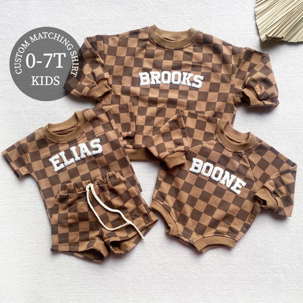 Matching Custom Puff Name Checkered Sweatshirt Bodysuit, Personalized Bubble Romper, Baby Shower Gift, Baby Birthday, Baby Christmas Gift