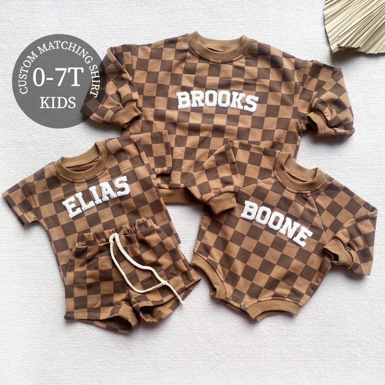 Matching Custom Puff Name Checkered Sweatshirt Bodysuit, Personalized Bubble Romper, Baby Shower Gift, Baby Birthday, Baby Christmas Gift image 1