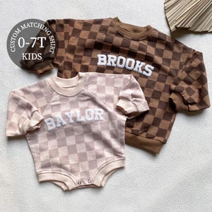 Body con felpa a quadri con nome personalizzato abbinato, tutina a bolle personalizzata, regalo per baby shower, compleanno del bambino, regalo di Natale per bambini