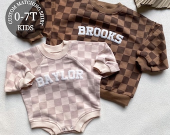 Matching Custom Puff Name Checkered Sweatshirt Bodysuit, Personalized Bubble Romper, Baby Shower Gift, Baby Birthday, Baby Christmas Gift