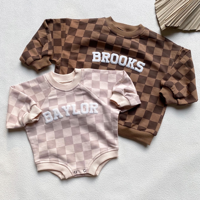 Matching Custom Puff Name Checkered Sweatshirt Bodysuit, Personalized Bubble Romper, Baby Shower Gift, Baby Birthday, Baby Christmas Gift image 2