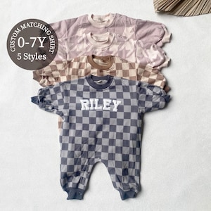 Body con felpa a quadri con nome personalizzato abbinato, tutina a bolle personalizzata, regalo per baby shower, compleanno del bambino, regalo di Natale per bambini