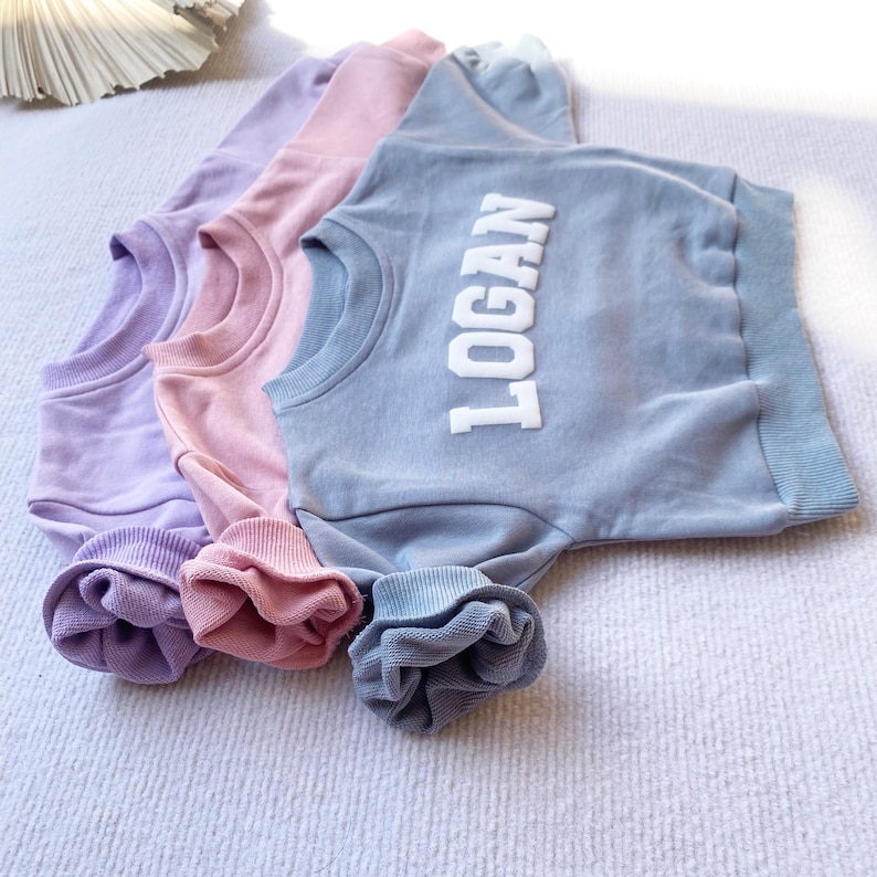 May include: Three crew neck sweatshirts in lavender, pink, and light blue. The light blue sweatshirt has the name "LOGAN" in white block letters on the front.