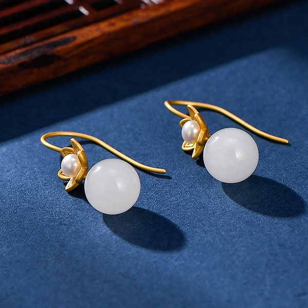 Hetian Jade Daffodil Earrings for Women in S925 Silver, Round Bead Jade Dangle Earrings, Elegant Gemstone Jewelry