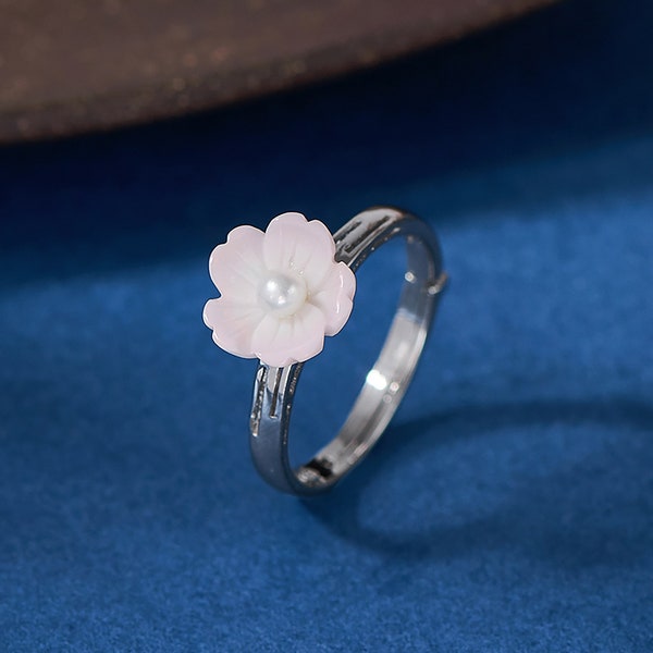 925 Sterling Silber Kirschblüten Muschelringe, verstellbar, Blumencharme, ein Hauch von Frühling für den Alltag