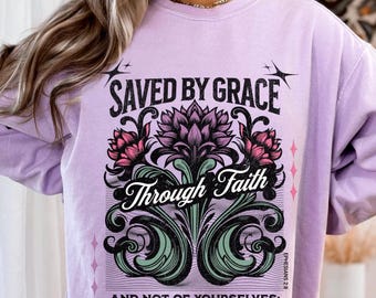 Saved by Grace Through Faith PNG: Christian Floral Design (Digital Download)