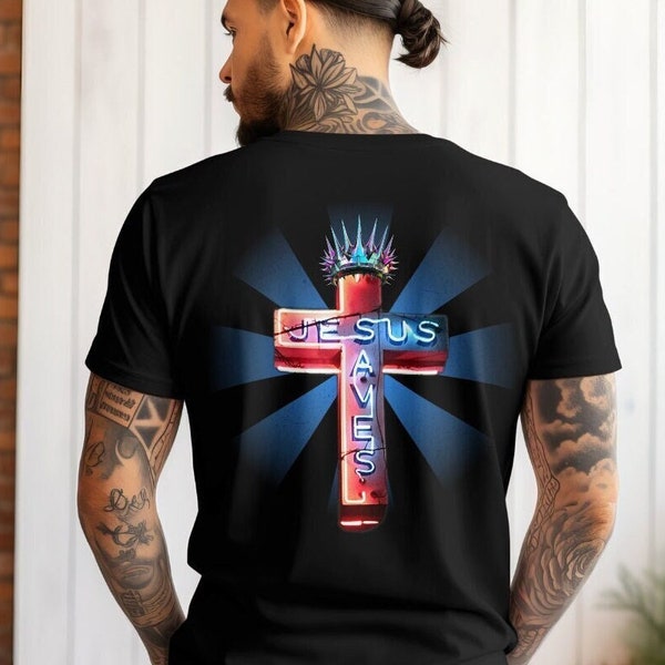 Christian Neon Cross Jesus Saves T Shirt Faith Wear TShirt Urban Christian Jesus Loves You Shirts Inspirational Gift For Him Church T-Shirt