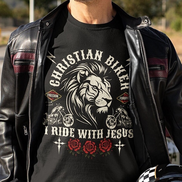 Christian Biker T Shirt For Men Couples Faith Cross Shirt Biker Gift Tattoo Style Freedom In Christ TShirt I Ride For Jesus Bold Lion Tee