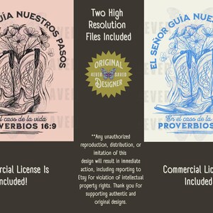 May include: Digital art print featuring cowboy boots with flowers, and the text "EL SE&Ntilde;OR GU&Iacute;A NUESTROS PASOS" and "PROVERBIOS 16:9". The design includes the text "Two High Resolution Files Included" and "Commercial License Is Included!"