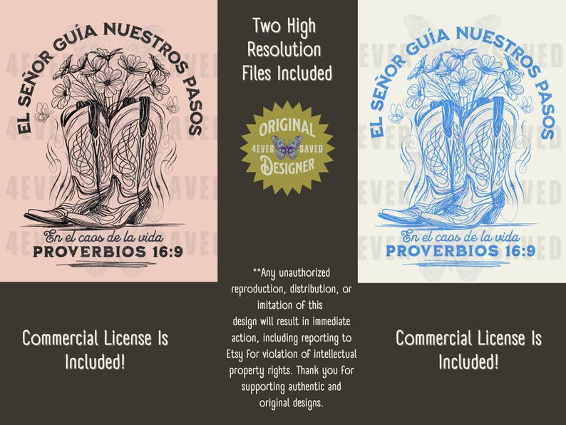 May include: Digital art print featuring cowboy boots with flowers, and the text "EL SE&Ntilde;OR GU&Iacute;A NUESTROS PASOS" and "PROVERBIOS 16:9". The design includes the text "Two High Resolution Files Included" and "Commercial License Is Included!"