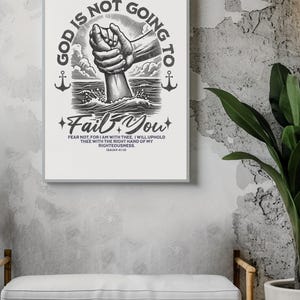Op de afbeelding: Zwart-witte illustratie van een hand die iemand in het water helpt. De tekst luidt "God zal je niet in de steek laten." en bevat een bijbelvers uit Jesaja 41:10.