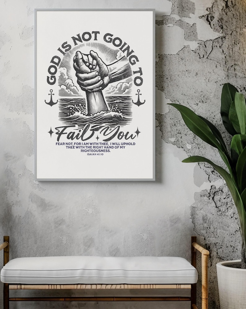 Op de afbeelding: Zwart-witte illustratie van een hand die iemand in het water helpt. De tekst luidt "God zal je niet in de steek laten." en bevat een bijbelvers uit Jesaja 41:10.