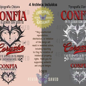 May include: Digital design featuring the words "Conf&iacute;a" and "Coraz&oacute;n" in red script, with a heart-shaped design. The design includes text in Spanish and a butterfly logo. The background is split, with pink and gray sections.