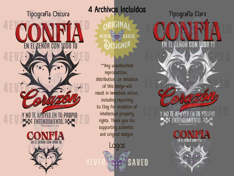 May include: Digital design featuring the words "Conf&iacute;a" and "Coraz&oacute;n" in red script, with a heart-shaped design. The design includes text in Spanish and a butterfly logo. The background is split, with pink and gray sections.