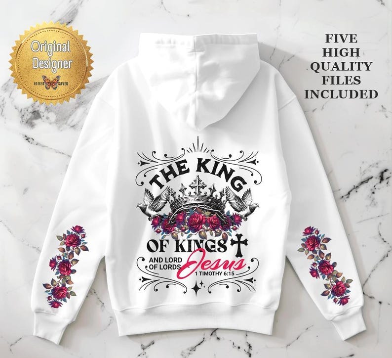 Jesus King of Kings PNG: Christian Floral Art, Faith Sublimation Design image 1
