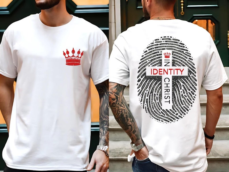 May include: White t-shirt with a red crown on the front and a black and white fingerprint design with a cross and the text "IN CHRIST IDENTITY" on the back.