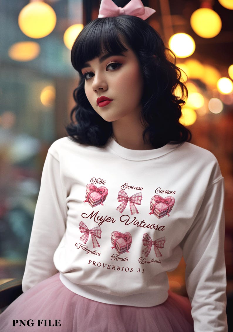 May include: White sweatshirt with a pink bow and the text "Mujer Virtuosa" in a pink script font. The sweatshirt has a design of pink hearts with bows and the words "Noble, Generosa, Cari&ntilde;osa, Trabajadora, Amada, Bendicita" in a pink script font. The text "Proverbios 31" is printed below the design.