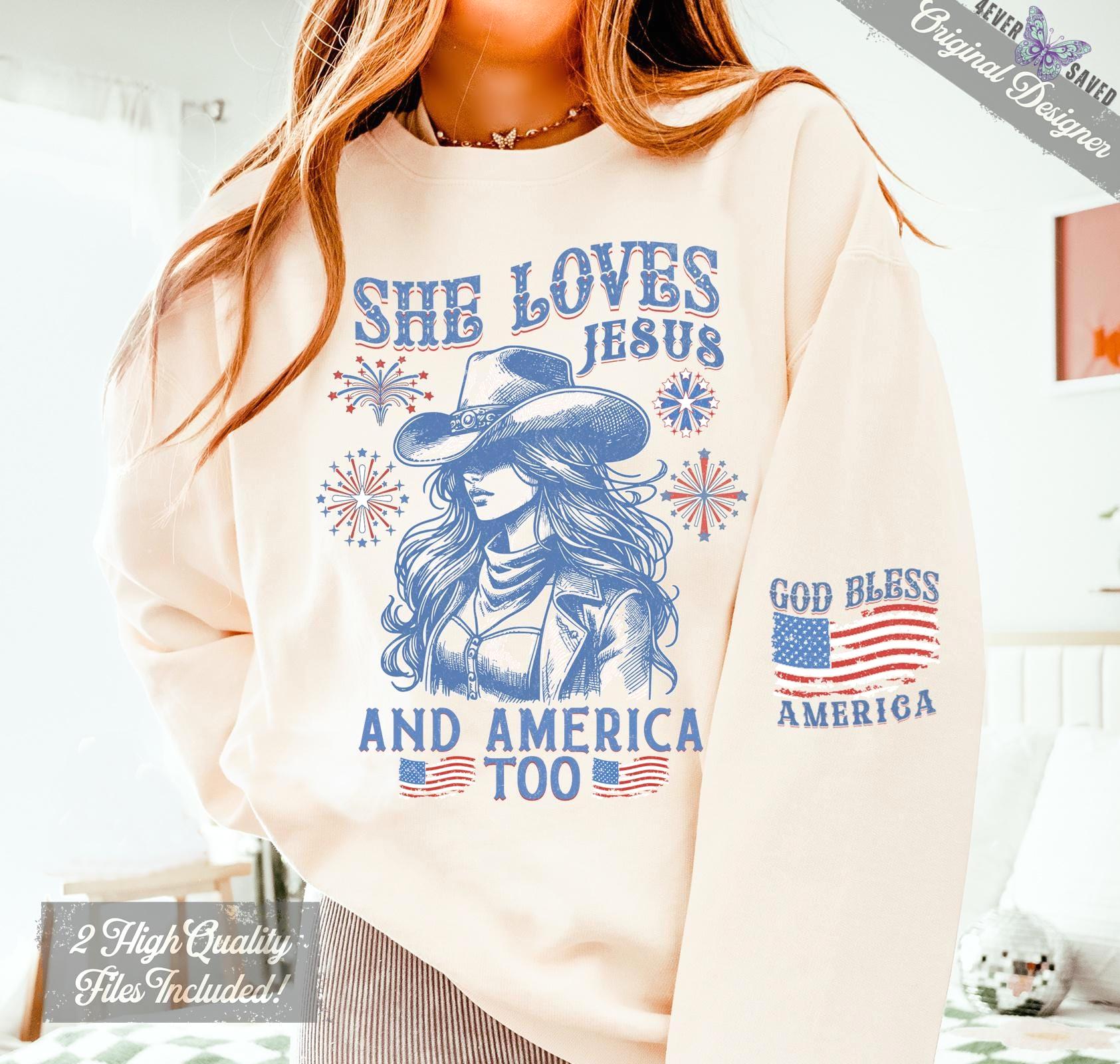 She Loves Jesus PNG, Christian Cowgirl Patriotic Design, 4th of July Sublimation, USA Faith PNG, Western Vintage Graphic, Religious Holiday