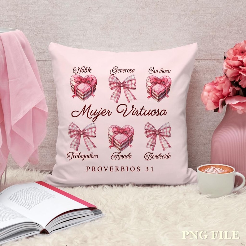 May include: Pink throw pillow with the text "Mujer Virtuosa" and "PROVERBIOS 31" in brown lettering. The pillow features a series of pink hearts with brown cake designs and pink bows with white polka dots.