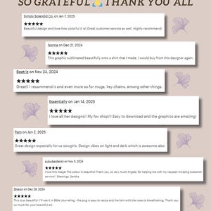 May include: A screenshot of a website displaying customer reviews for a digital design shop. The reviews are positive and commend the shop's designs, customer service, and ease of use. The reviews are accompanied by five-star ratings.