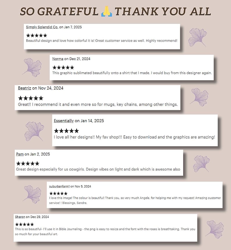 May include: A screenshot of a website displaying customer reviews for a digital design shop. The reviews are positive and commend the shop's designs, customer service, and ease of use. The reviews are accompanied by five-star ratings.