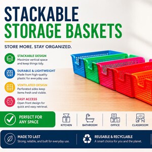 Stackable Storage Basket 10x7x4 Inches, Plastic Organizer Bin, Space Saving Shelf Organizer, Kitchen, Bathroom, Office Storage