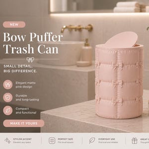 Bow Puffer Trash Can – Matte Pink Elegant Bathroom Bin with Bow Detail