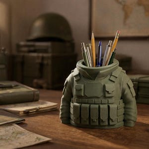 Könnte beinhalten: Ein grüner Schreibtisch-Organizer im Militärstil in Form einer taktischen Weste, der Stifte und Bleistifte enthält. Der Organizer hat mehrere Taschen und Details und steht auf einem Holztisch. Weitere militärische Gegenstände sind im Hintergrund.