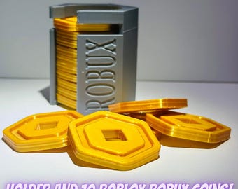 Holder and 10 Robux Coins! decoration, gifts, loot, rewards, gift for gamers, stocking stuffer, play money, 3D printed