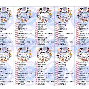 May include: A sheet of ten rectangular cards with the text "Snacking Around the World" and a Mickey Mouse-themed design. Each card lists countries like Mexico, Japan, and France. The cards have a light blue background.