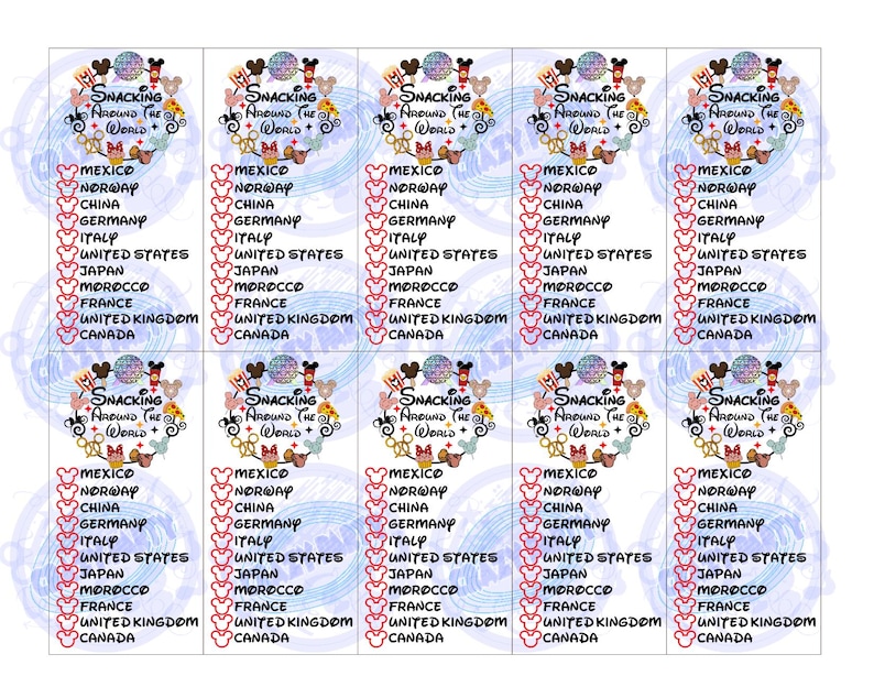 May include: A sheet of ten rectangular cards with the text "Snacking Around the World" and a Mickey Mouse-themed design. Each card lists countries like Mexico, Japan, and France. The cards have a light blue background.