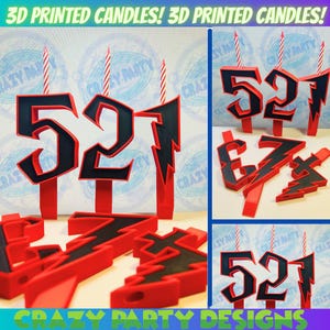 Puede incluir: Velas impresas en 3D con forma de los números 5, 2 y 1, con un diseño de rayo. Las velas son rojas y negras y tienen una mecha de vela rayada blanca y roja. El texto "CRAZY PARTY DESIGNS" es visible en la parte inferior de la imagen.