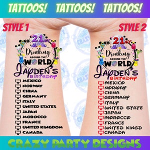 Op de afbeelding: Twee tijdelijke tattoo-ontwerpen voor een 21e verjaardagsfeest. De tatoeages bevatten een cirkel met de tekst "Drinking Around the World" en een lijst met landen. Het eerste ontwerp heeft een paarse cirkel en het tweede ontwerp heeft een blauwe cirkel.