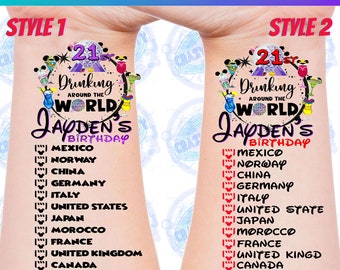 May include: Two temporary tattoo designs for a 21st birthday party. The tattoos feature a circle with the text "Drinking Around the World" and a list of countries. The first design has a purple circle and the second design has a blue circle.